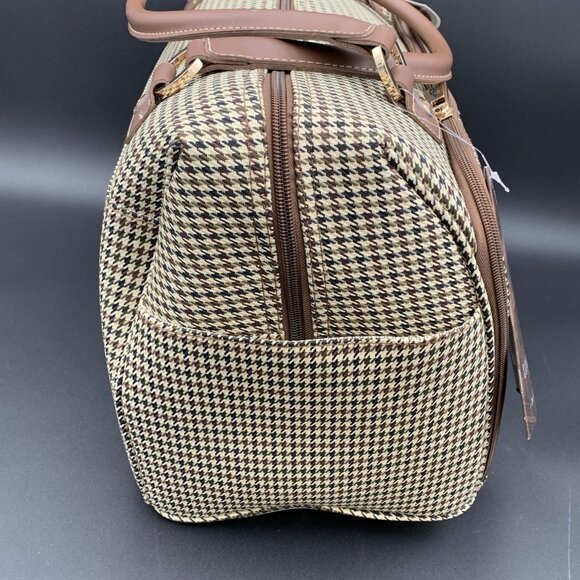 London Fog Oxford III Olive Houndstooth Carry On Duffel Bag Leather Trim 16" - Picture 5 of 8